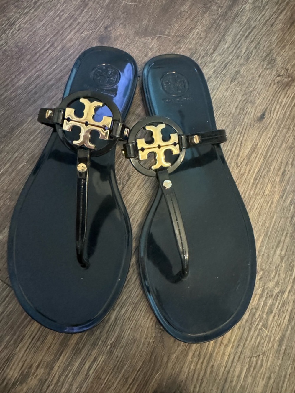 Tory Burch Black Jelly Thong Sandals with Gold Logo Accent